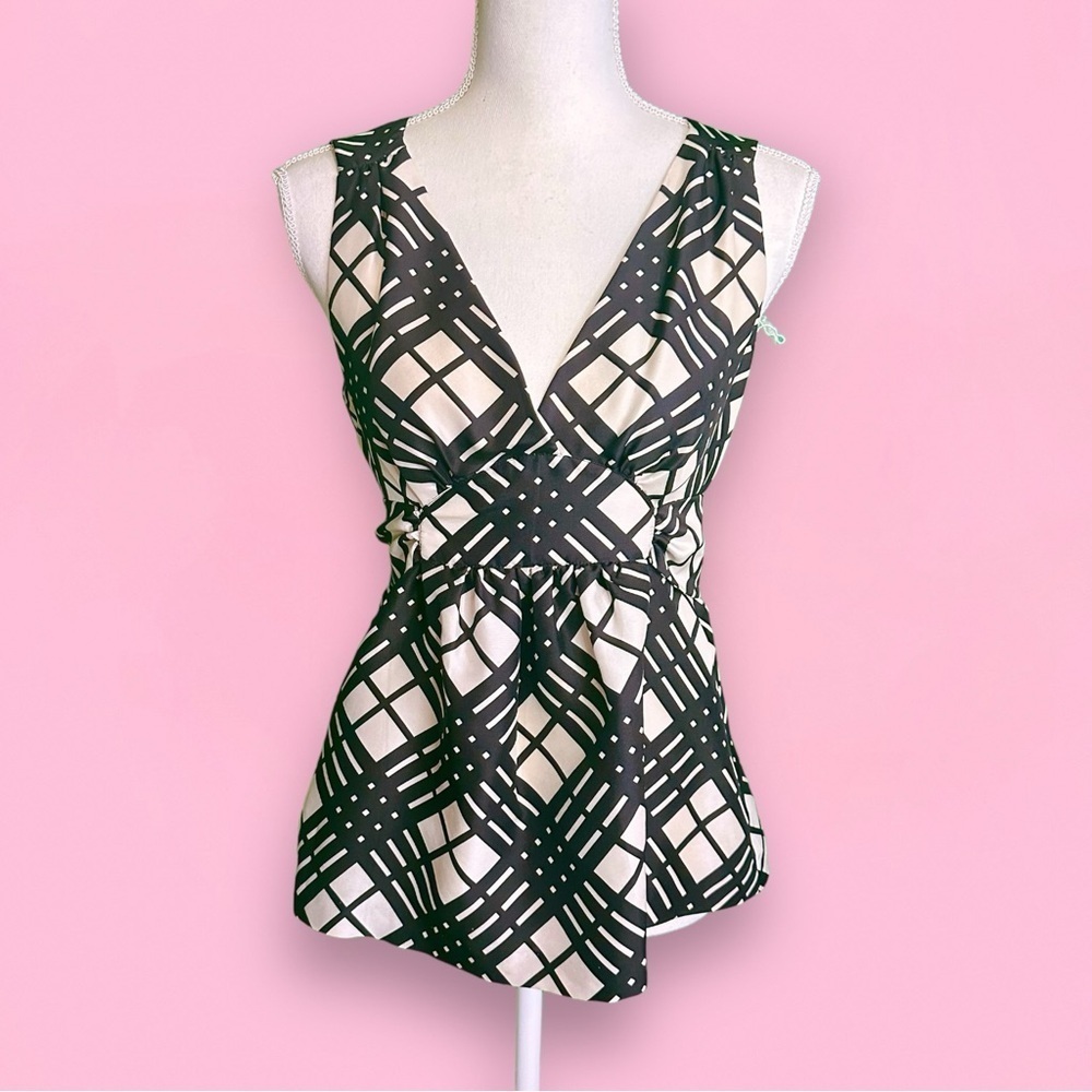 J. Crew Black & Cream Picnic Plaid A-Line Flounce Silk Top With Tie Back Size 2